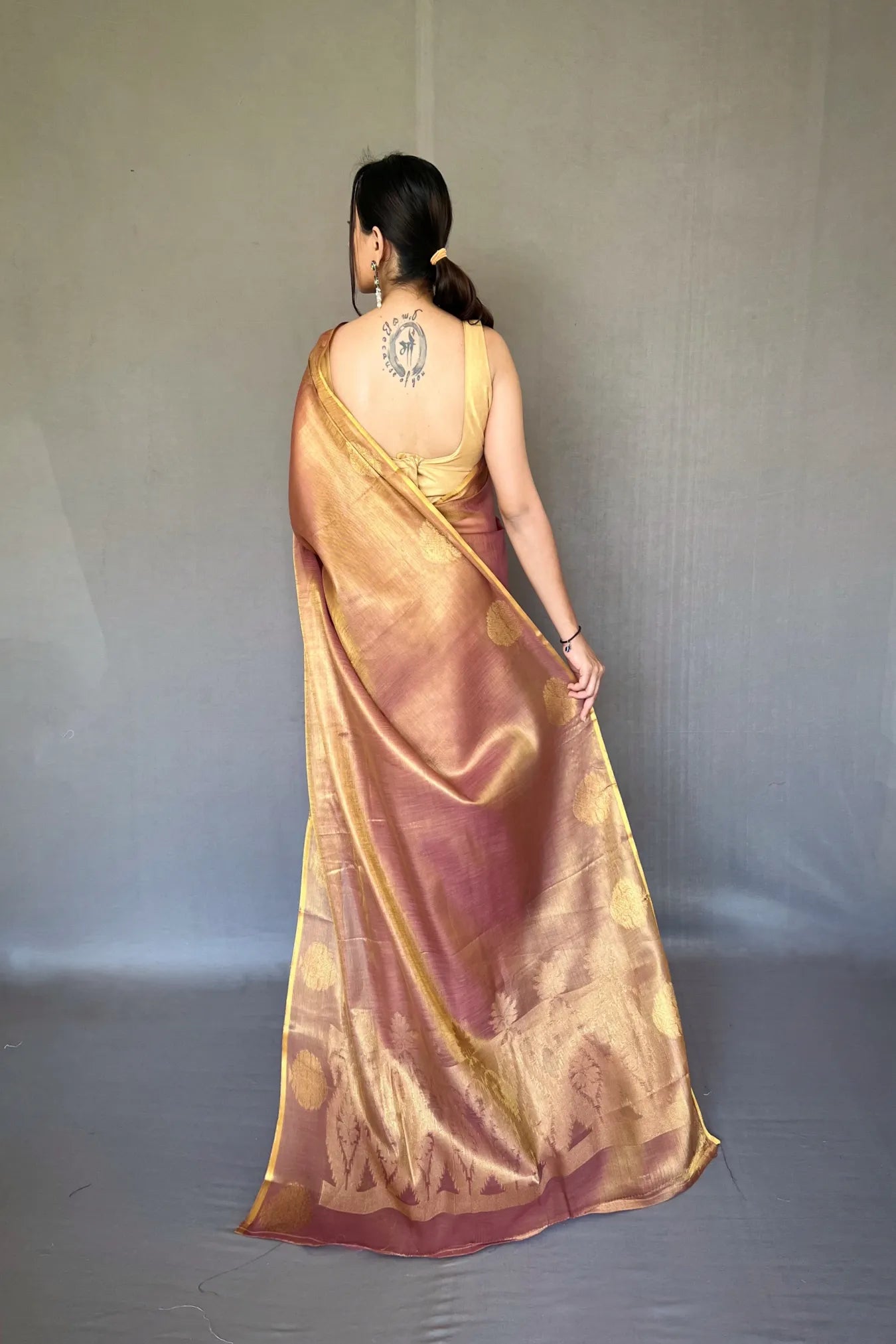 Gold Colour Zari Weaving Organza Tissue Silk Saree