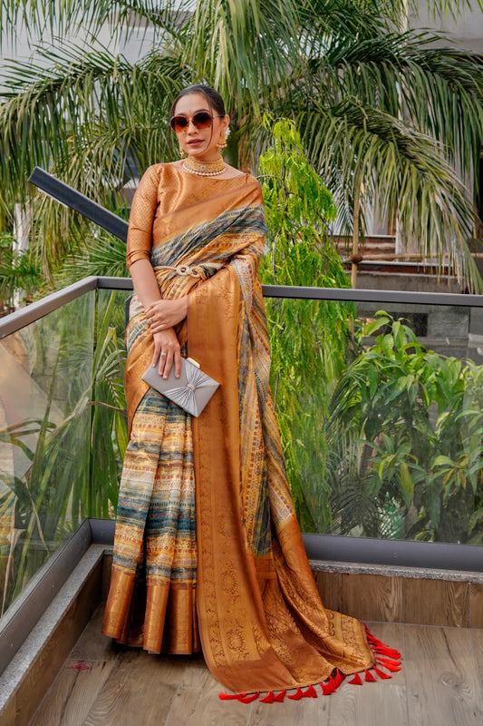 Golden Colour Zari Woven Banarasi Printed Silk Saree