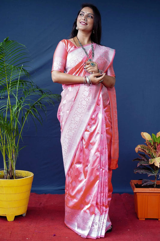 Gorgeous Peach Colour Banarasi Silk Saree