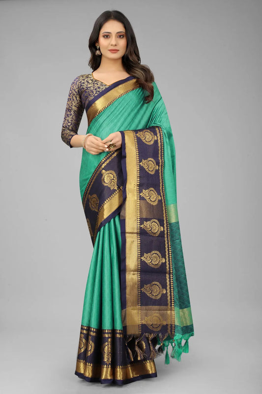 Green Colour Ready To Wear Banarasi Cotton Silk Saree
