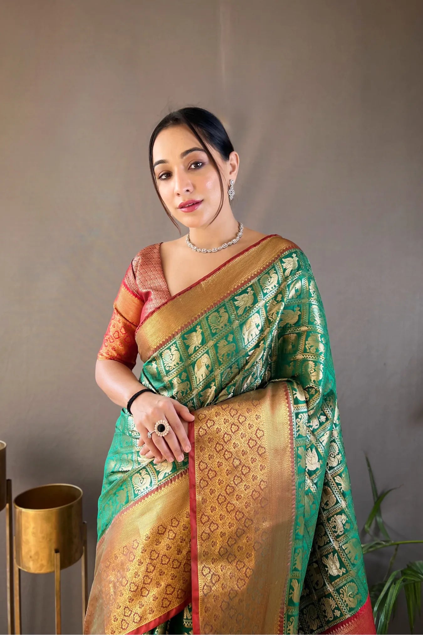 Green Colour Checks Designer Kanjivaram Silk Saree