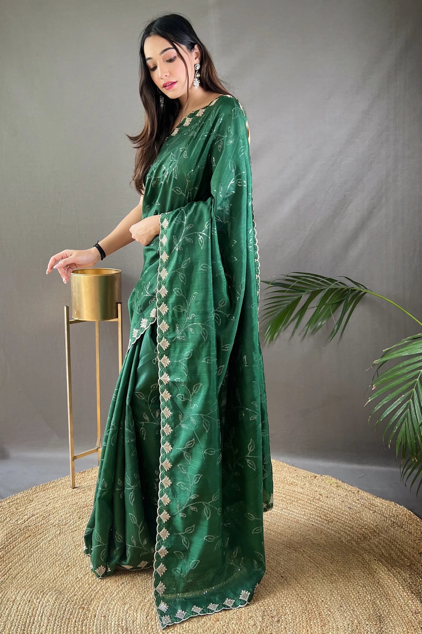 Green Colour Embroidery Design Handloom Silk Saree 