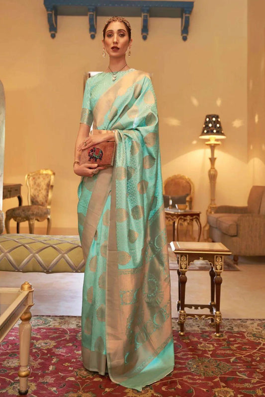 Sea Green Colour Copper Zari Handloom Weaving Banarasi Silk Saree