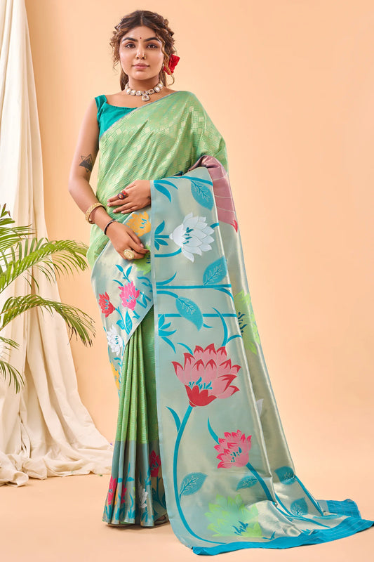 Green Colour Floral Printed Pure Paithani Silk Saree