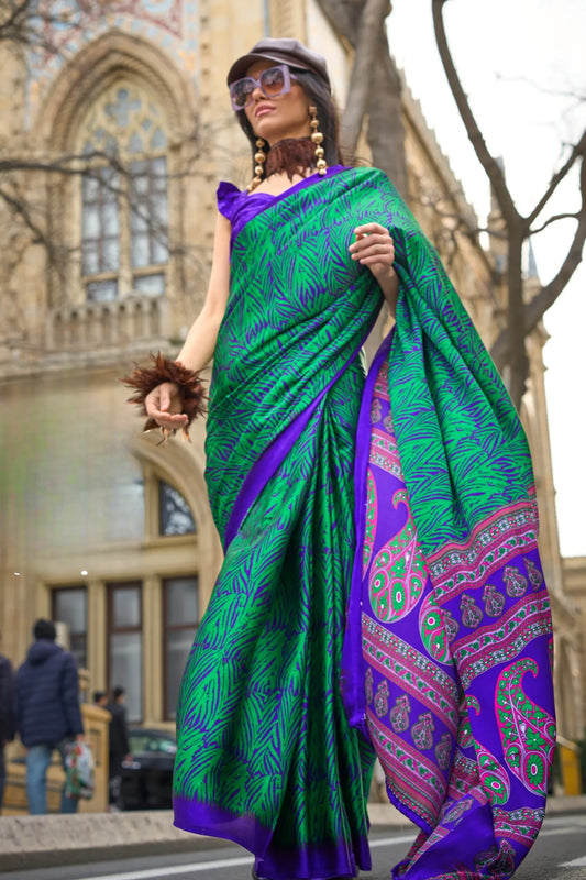 Green Colour Printed Designer Satin Silk Saree
