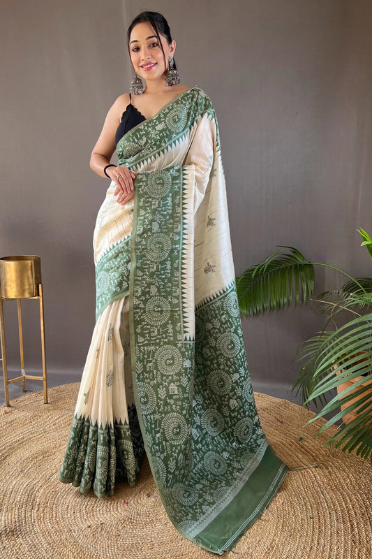 Green Colour Tussar Fabric Kanjivaram Silk Saree