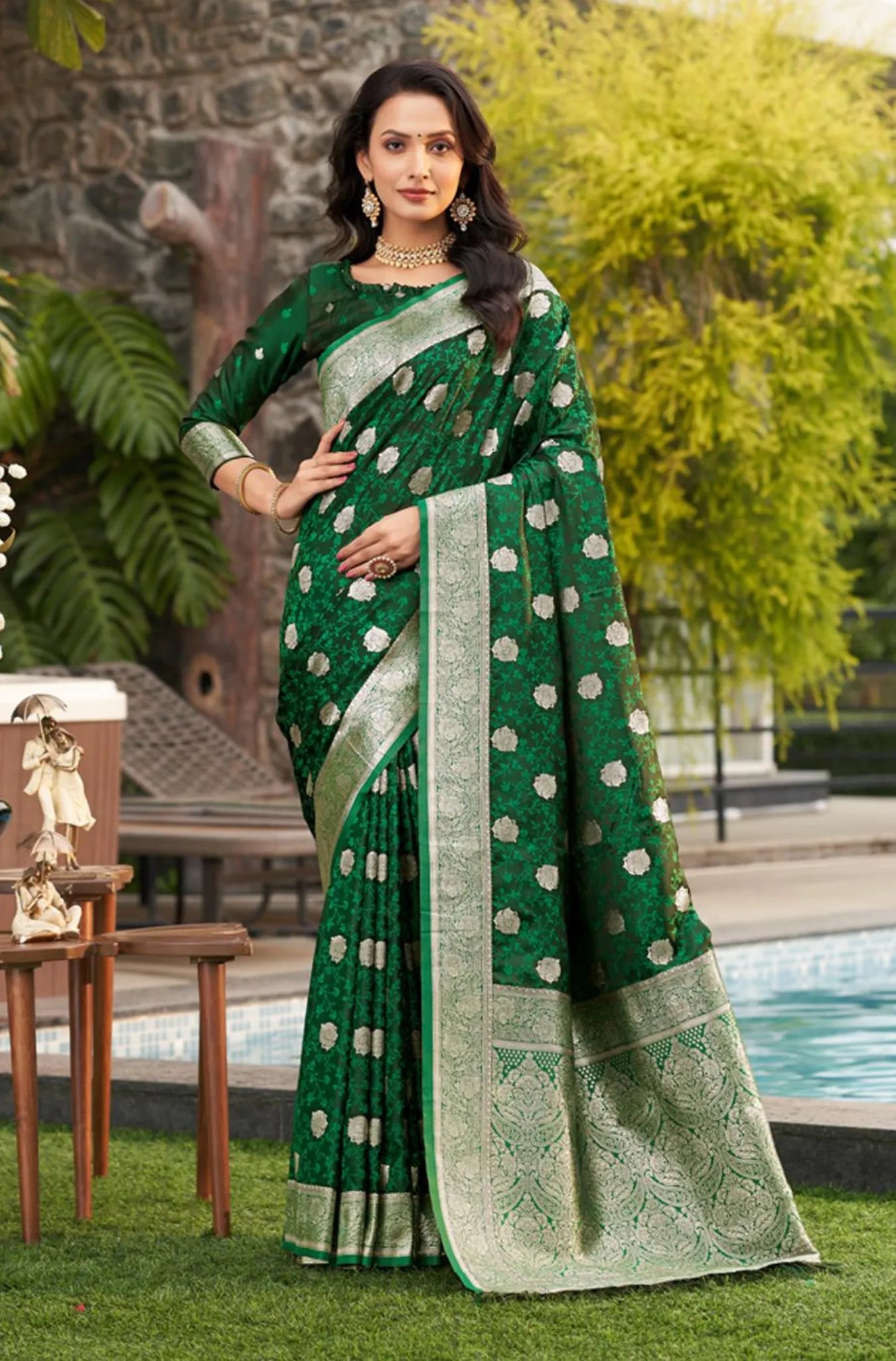 Green Colour Woven Design Satin Silk Saree