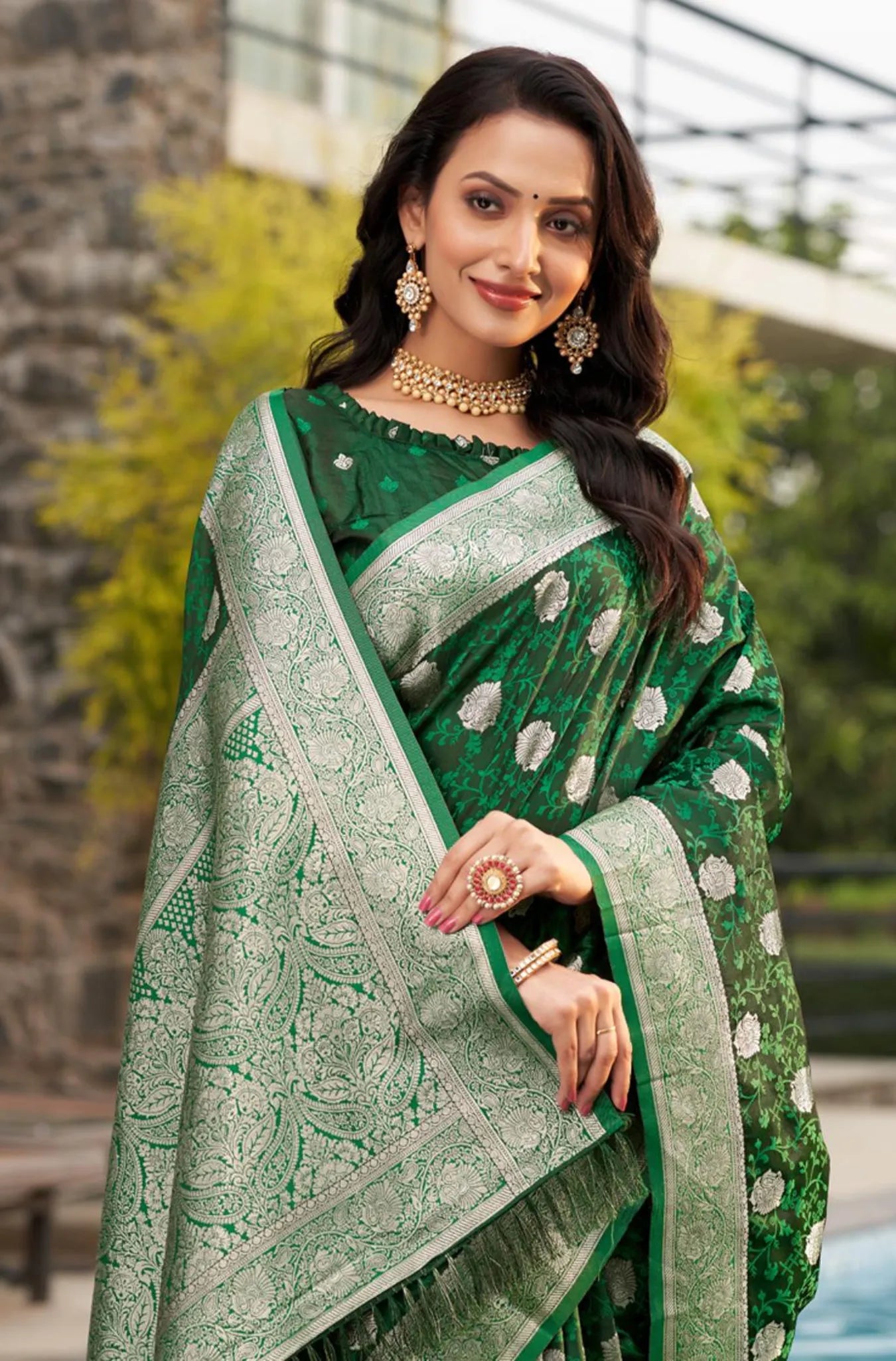 Green Colour Woven Design Satin Silk Saree