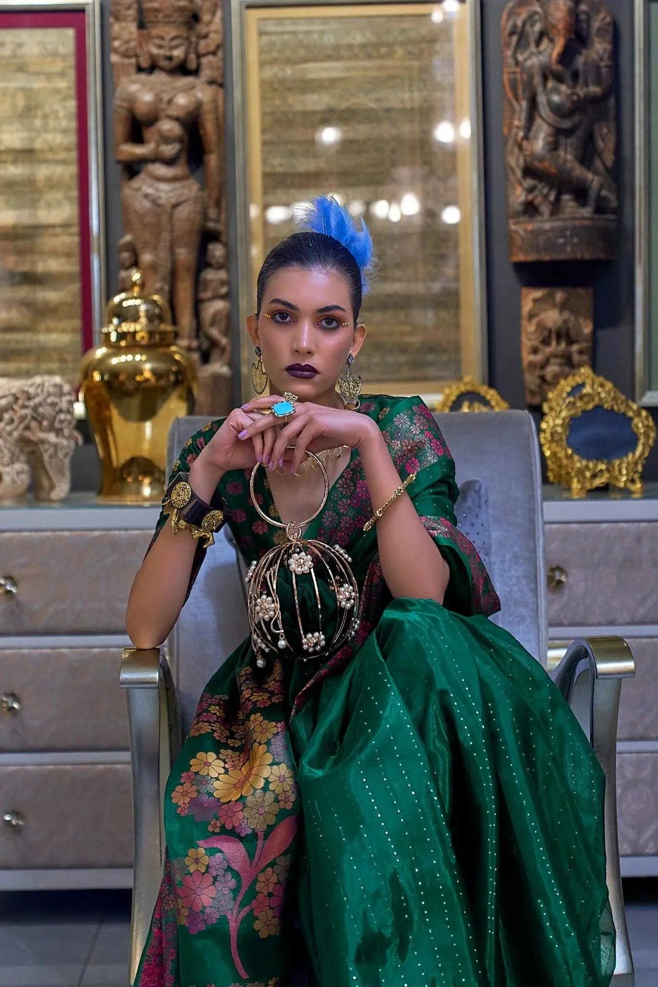 Green Colour Zari Woven Bollywood Style Organza Silk Saree