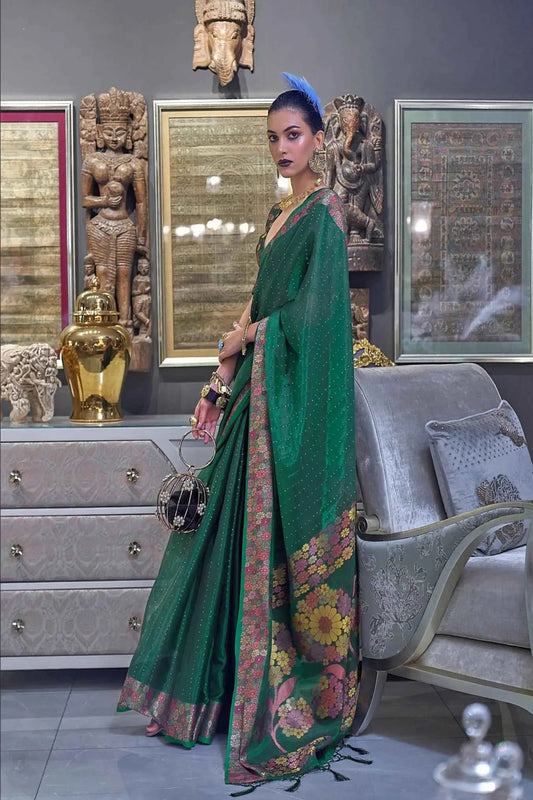 Green Colour Zari Woven Bollywood Style Organza Silk Saree