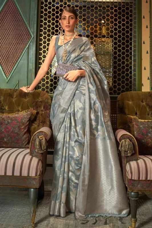 Grey Colour Zari Weaving Designer Banarasi Silk Saree