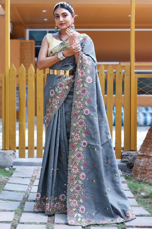 Grey Colour Handloom Weaving Silk Saree 