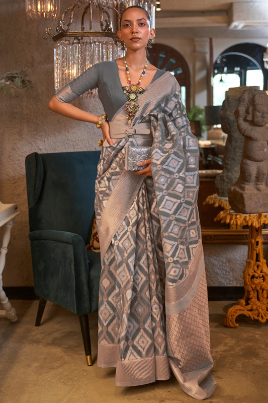Grey Colour Handwoven Cotton Linen Silk Saree