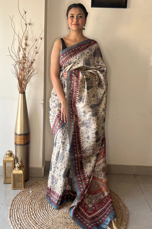 Grey Colour Kalamkari Digital Printed Soft Silk Saree