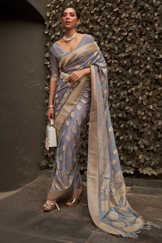 Grey Colour Soft Banarasi Zari Woven Cotton Silk Saree
