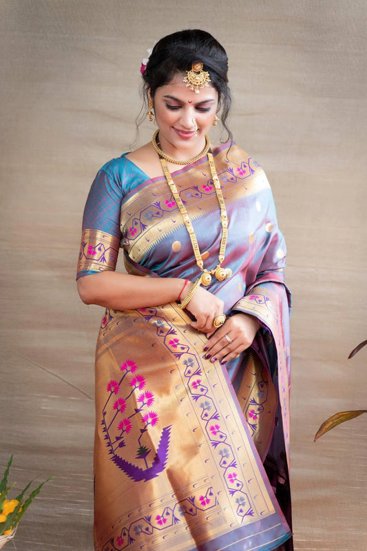 Grey Colour Jacquard Woven Paithani Soft Silk Saree