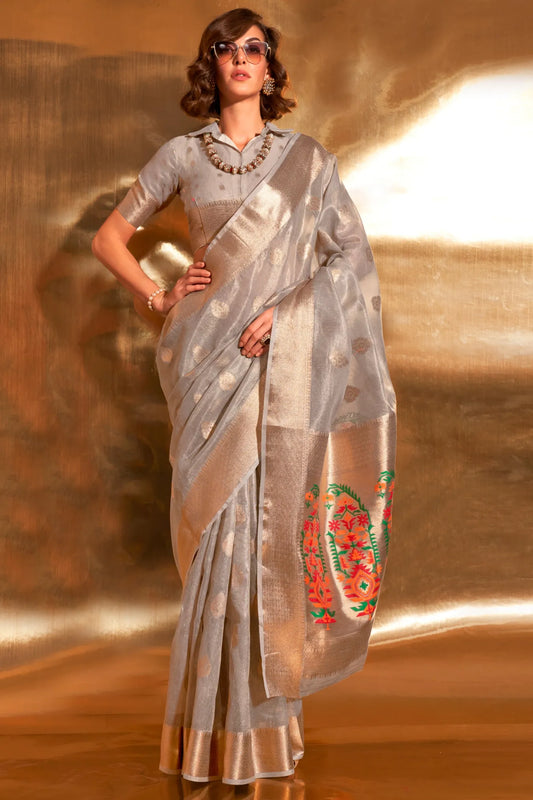 Latest Designer Grey Coloured Organza Soft Silk Saree 