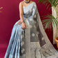 Grey Colour Lucknowi Linen Cotton Silk Saree