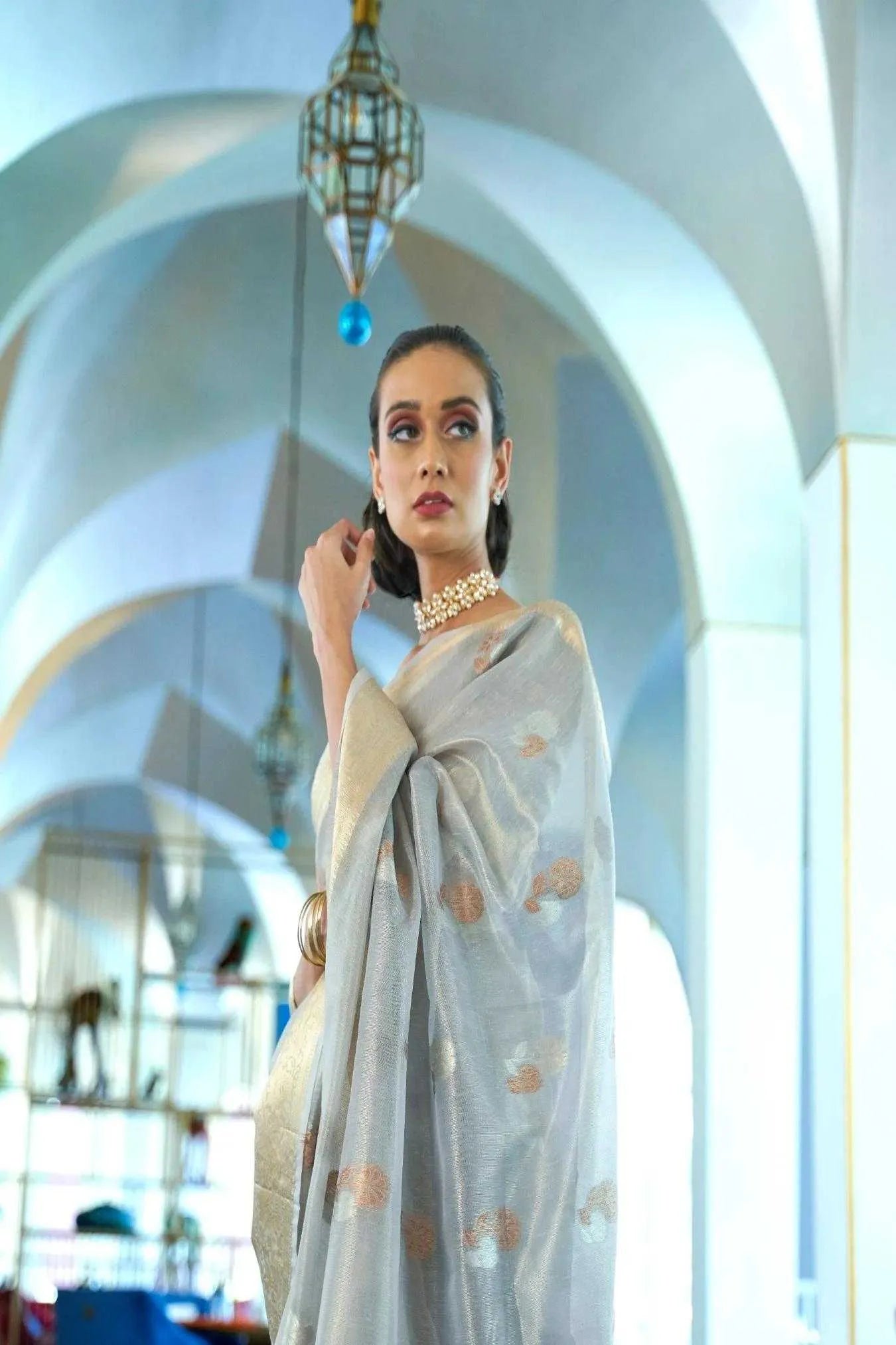Grey Colour Wedding Wear Fancy Zari Woven Organza Silk Saree