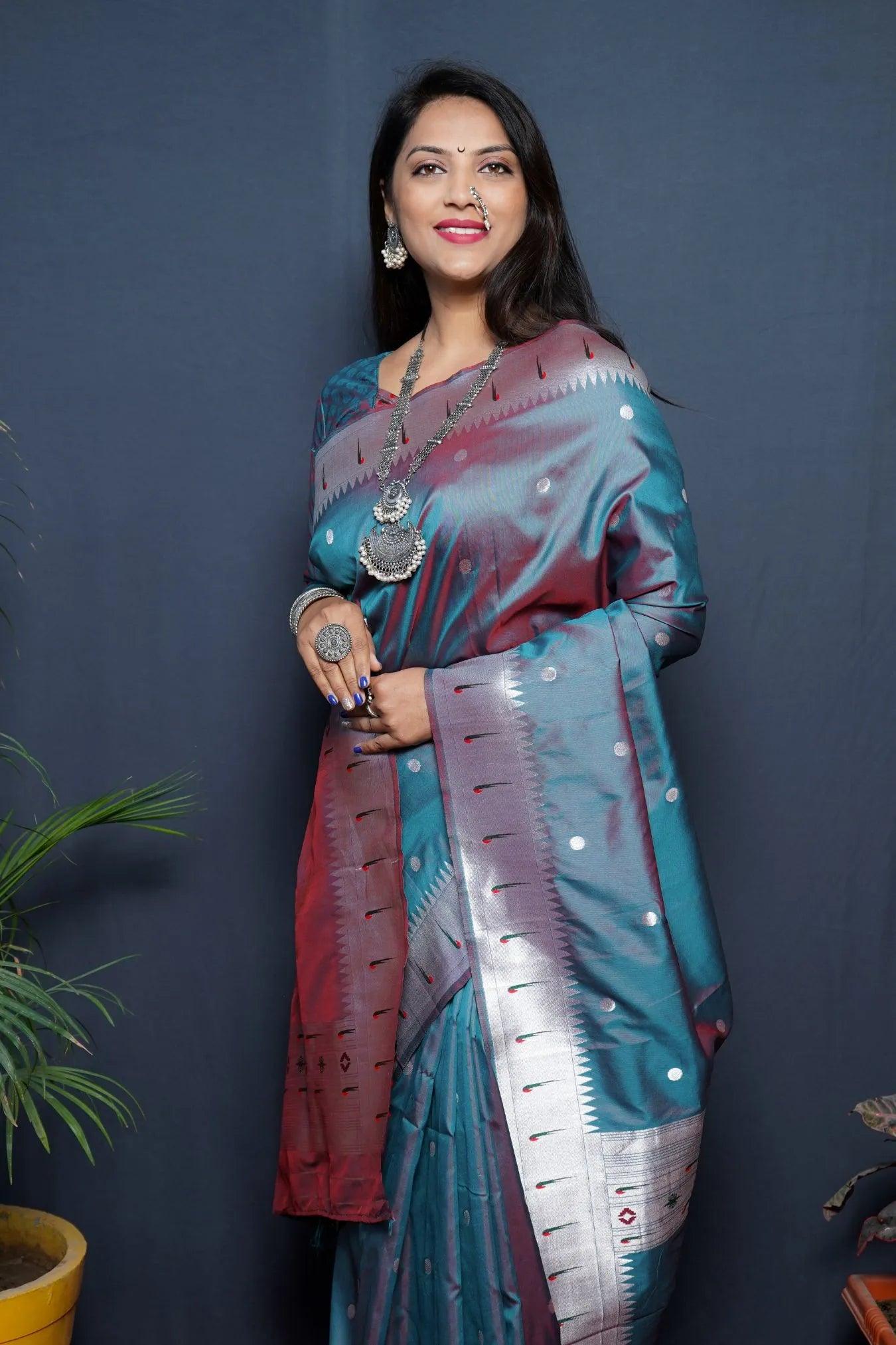 Grey Colour Zari Woven Paithani Soft Silk Saree