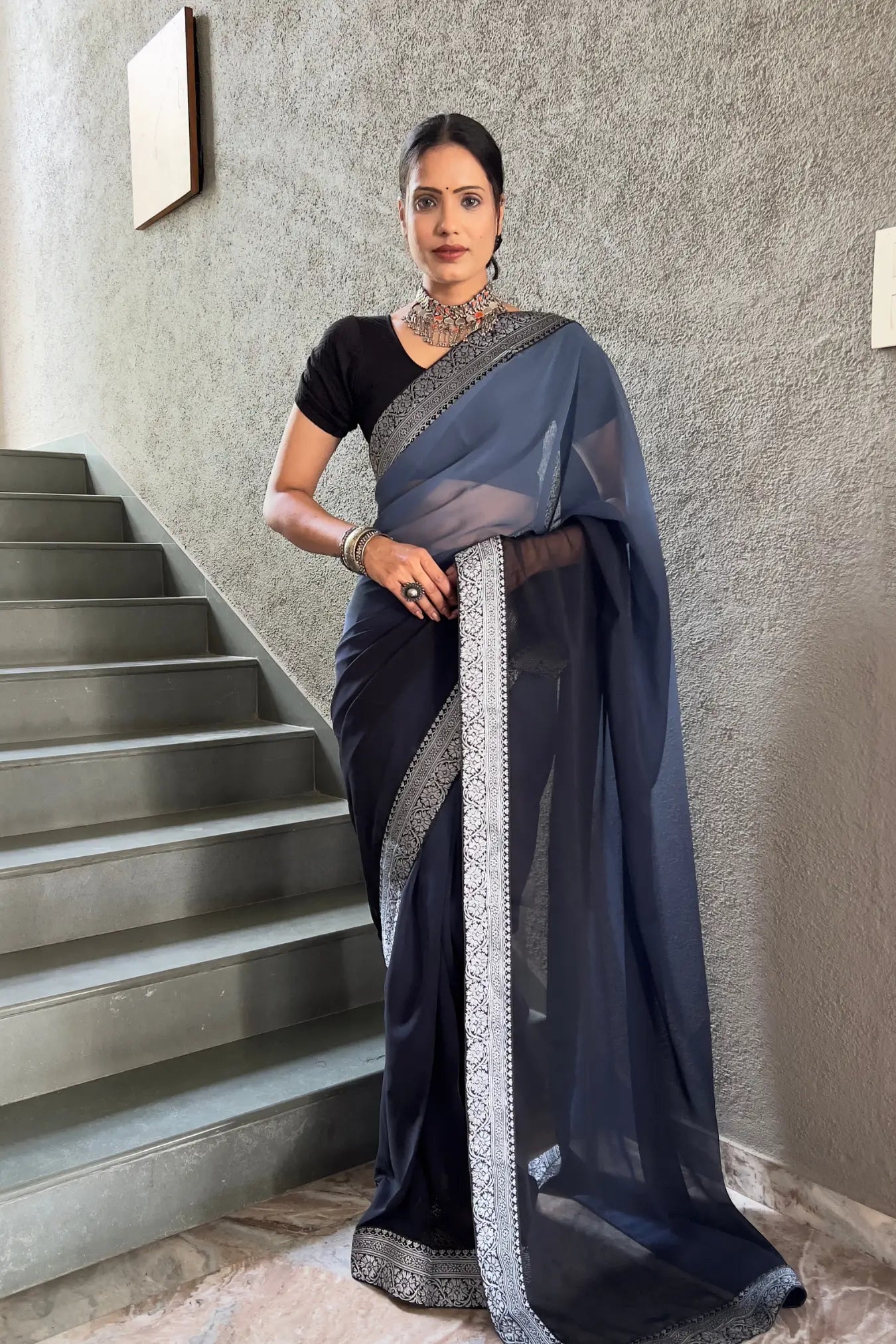 Grey Colour Georgette Silk Two Shaded Ready To Wear Saree