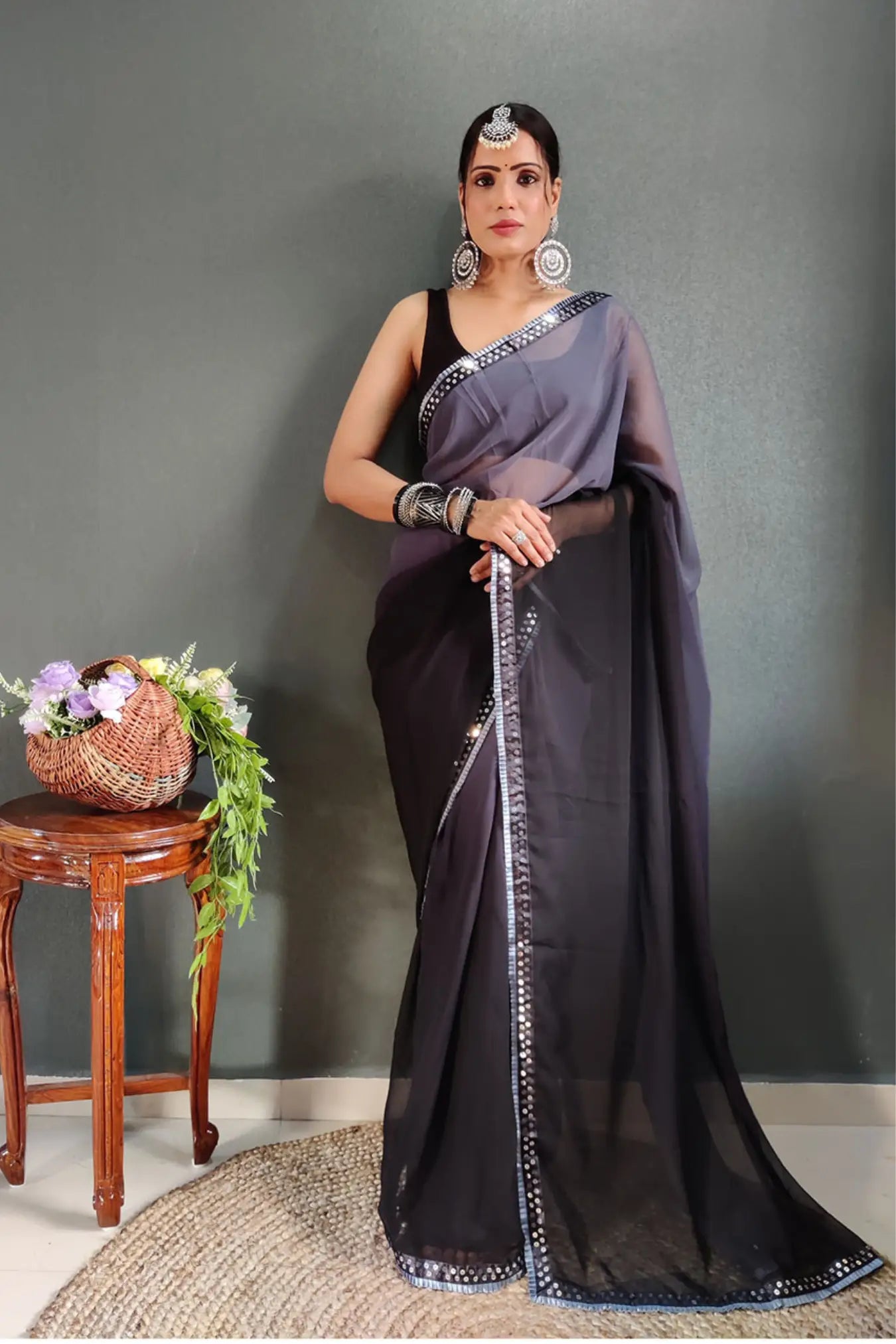 Grey Colour Ready To Wear Two Colors Shaded Silk Saree