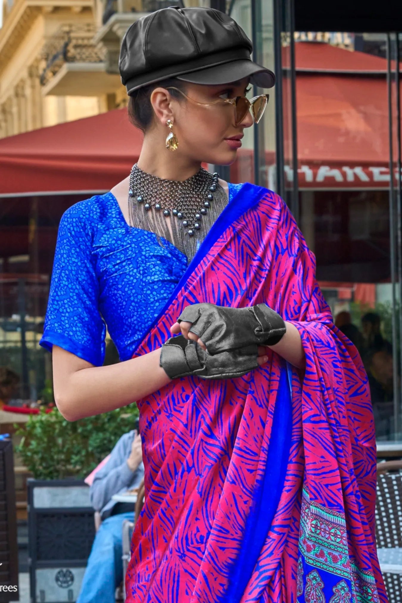 Hot Pink Printed Designer Satin Silk Saree with Blouse Piece