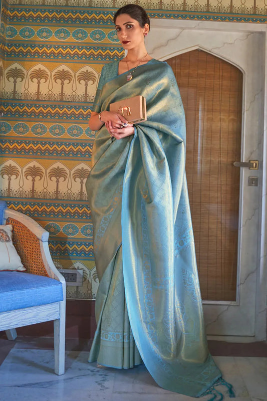 Sky Blue Colour Traditional Woven Kanjivaram Silk Saree