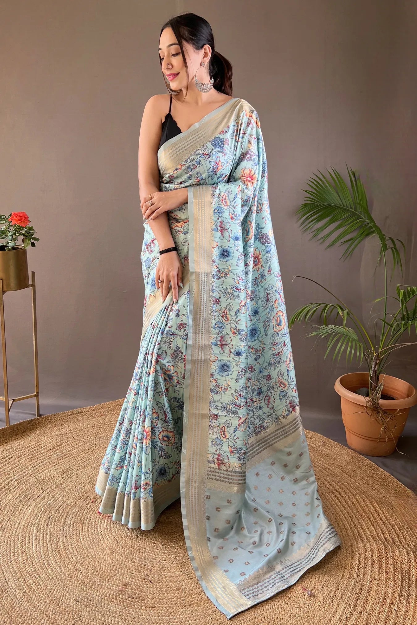 Light Blue Colour Floral Design Printed Silk Saree