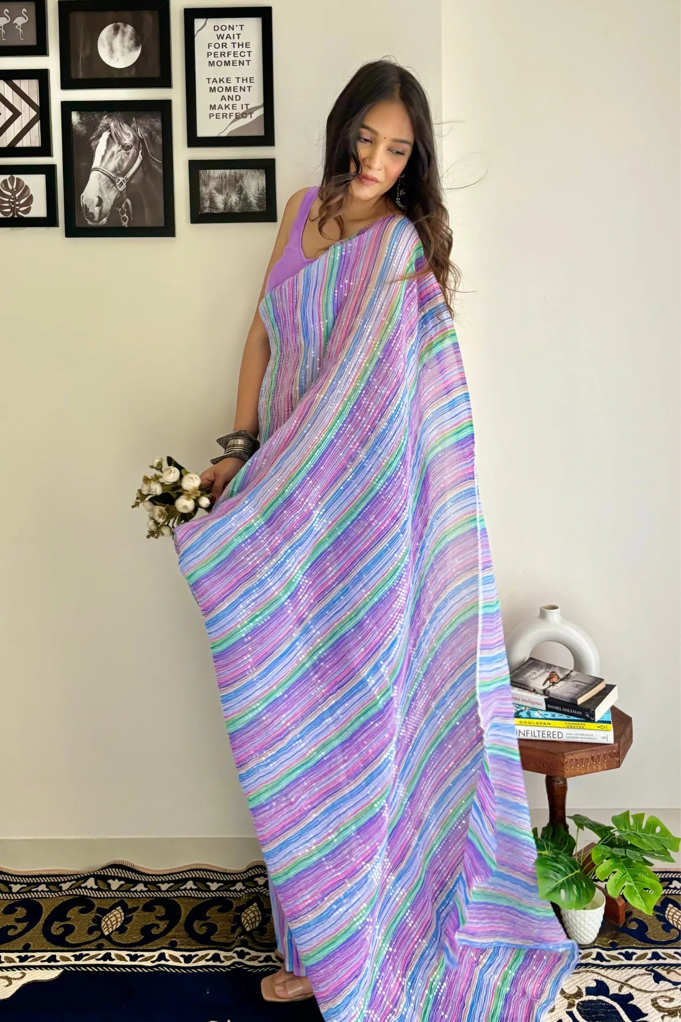Lavender Colour Designer Ethnic Sequin Party Wear Silk Saree