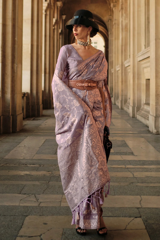 Lavender Colour Gota Zari Handloom Weaving Banarasi Silk Saree