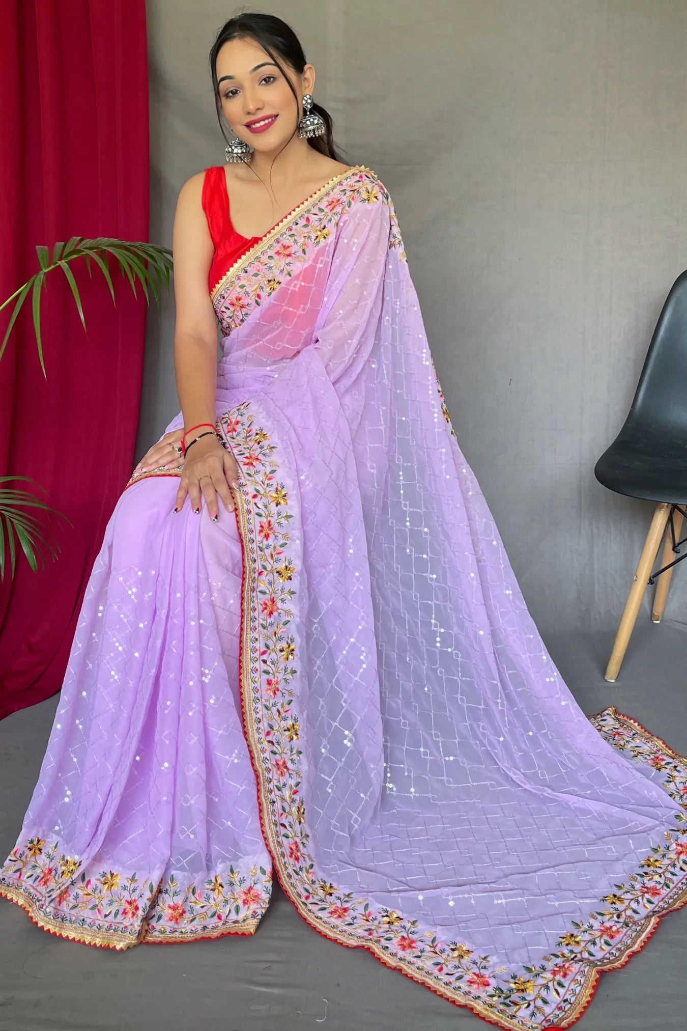 Lavender Colour Sequence Georgette Embroidered Silk Saree