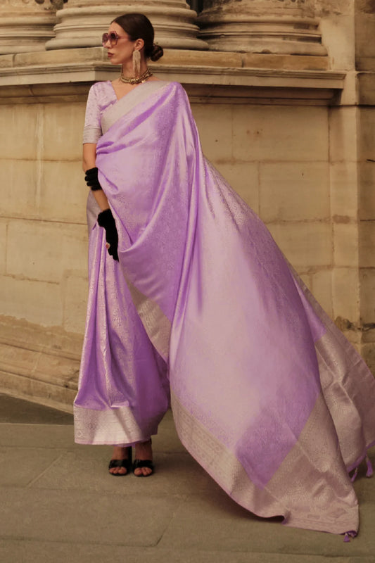 Lavender Colour Zari Woven Banarasi Satin Silk Saree