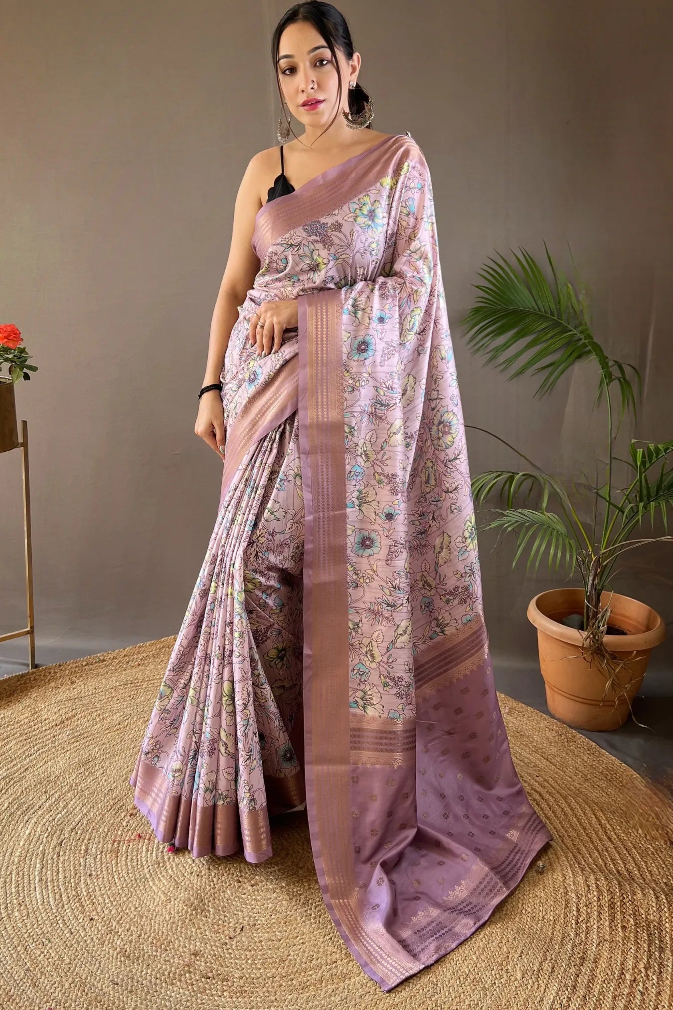 Lavender Colour Floral Design Printed Silk Saree