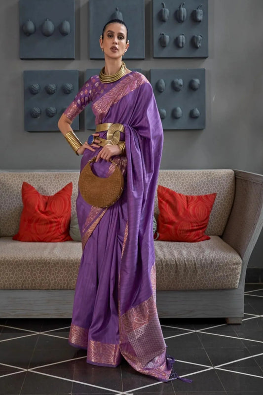 Lavender Colour Jacquard Woven Handloom Silk Saree