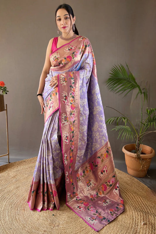 Lavender Colour Paithani Big Border Silk Saree