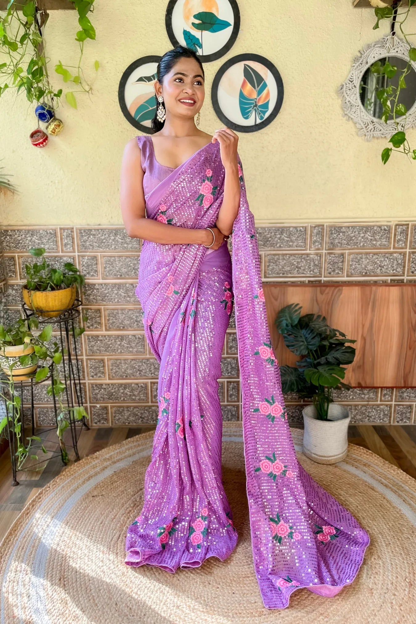 Lavender Colour Georgette Sequence Embroidery Work Silk Saree
