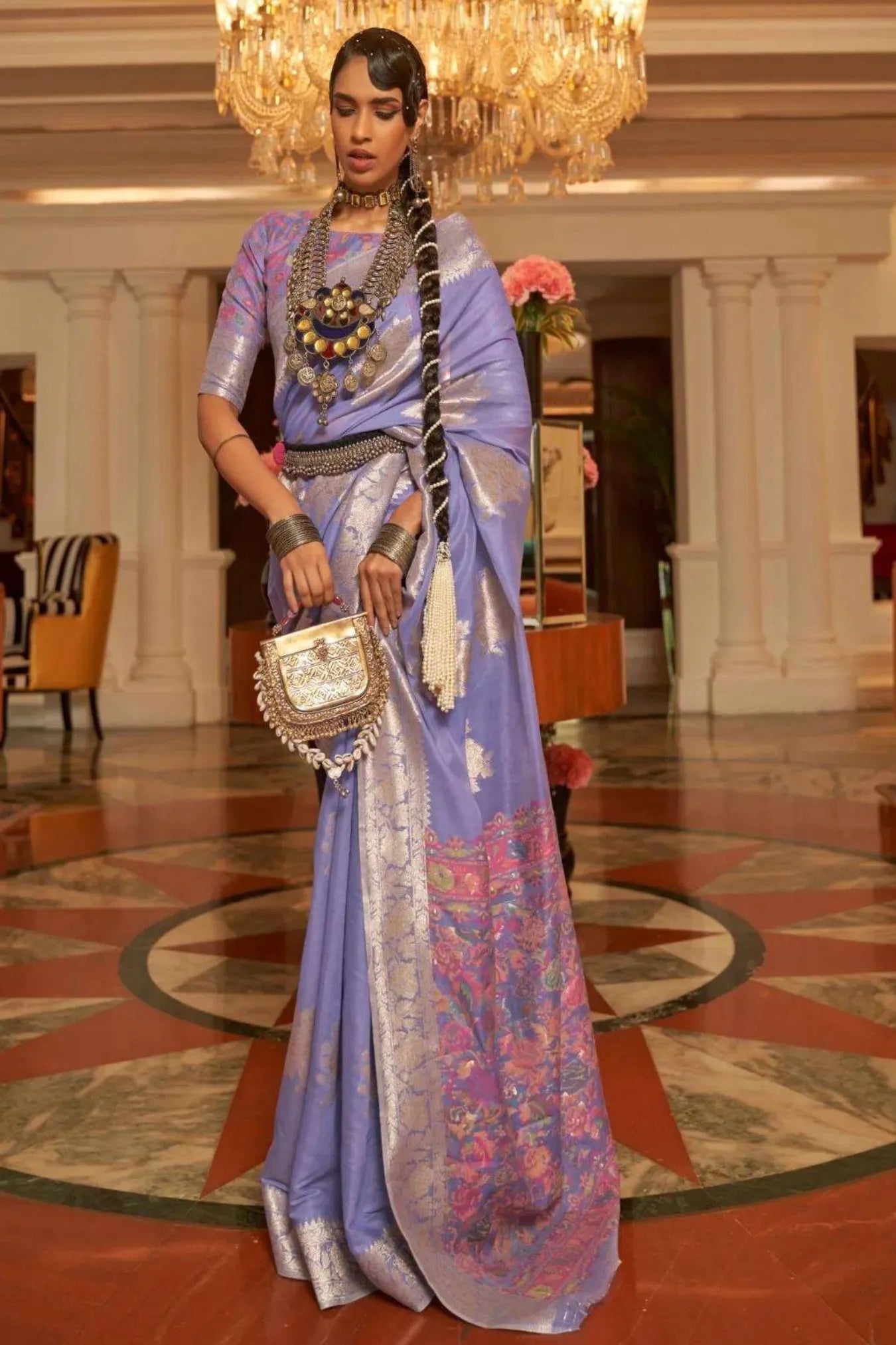 Lavender Colour Kashmiri Woven Handloom Silk Saree