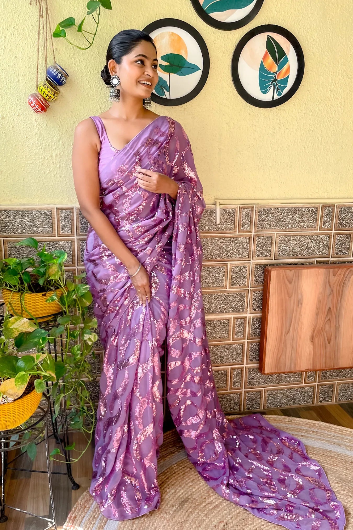 Lavender Colour Georgette Silk Saree with Beautiful Sequence Work