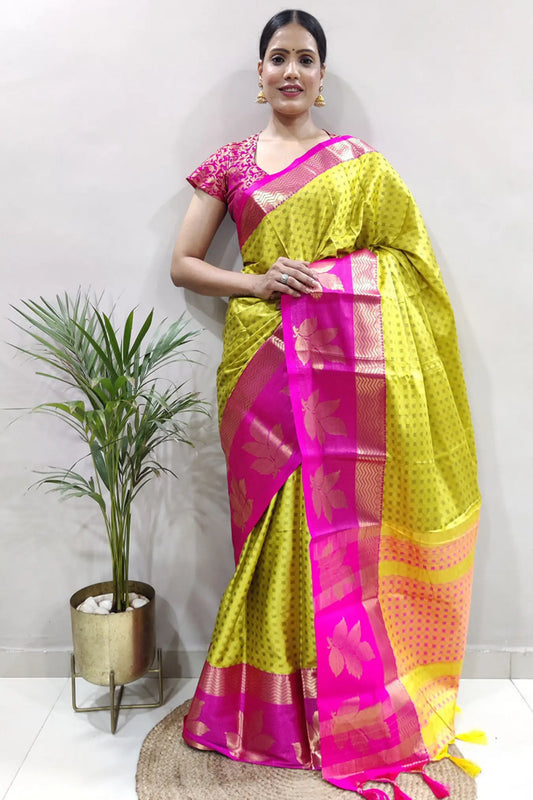 Lemon Yellow Colour Indian Ethnic Wear Banarasi Soft Silk Saree