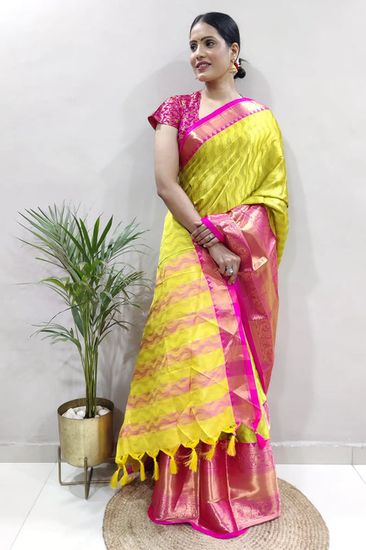 Lemon Yellow Colour Ready To Wear Kanjivaram Silk Saree