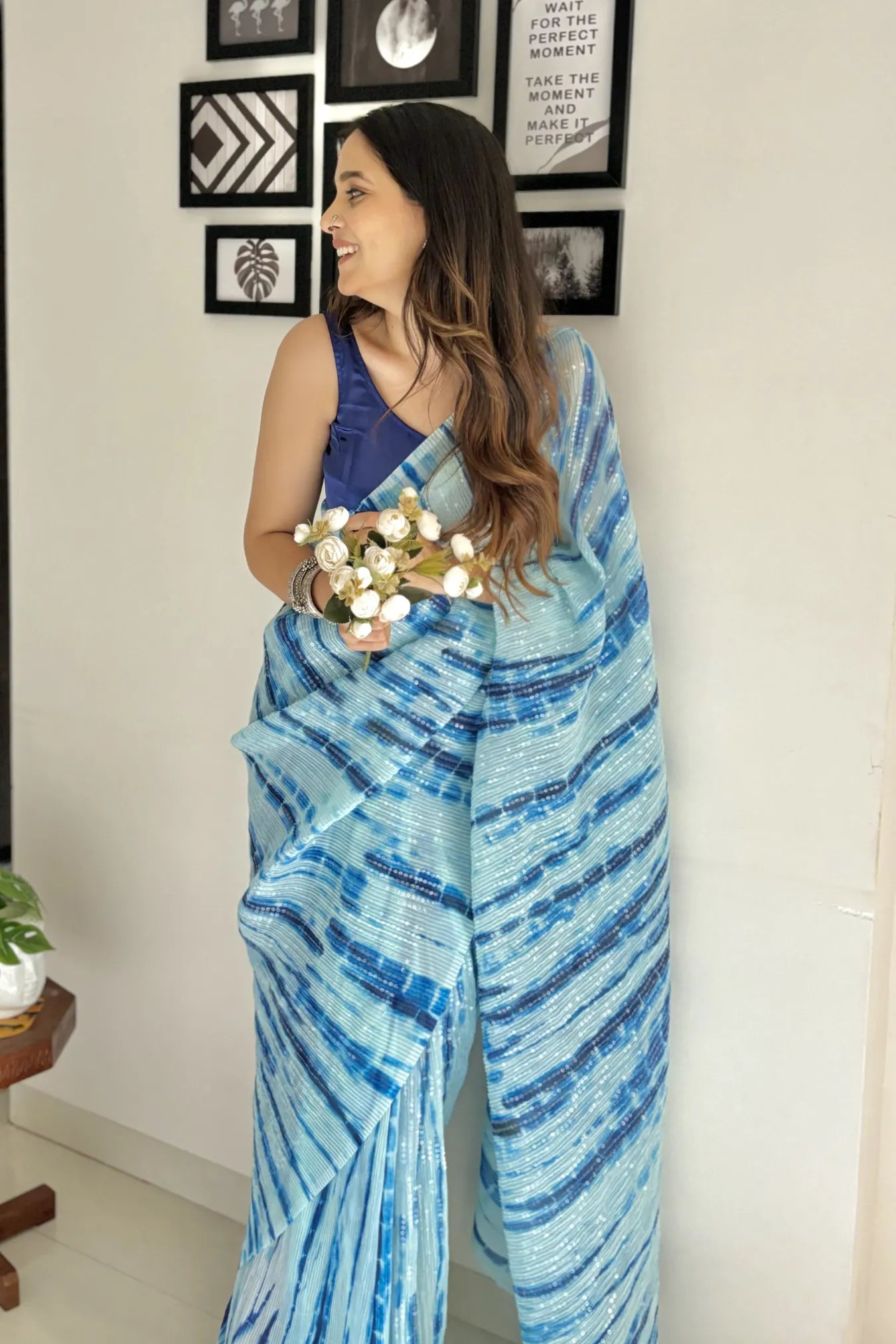 Light Blue Colour Designer Ethnic Sequin Party Wear Silk Saree
