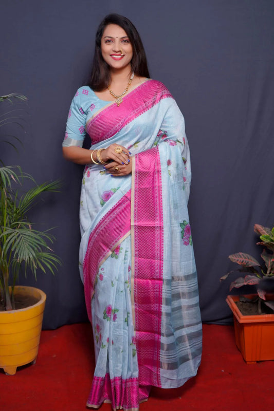 Light Blue Colour Indian Wear Linen Silk Saree