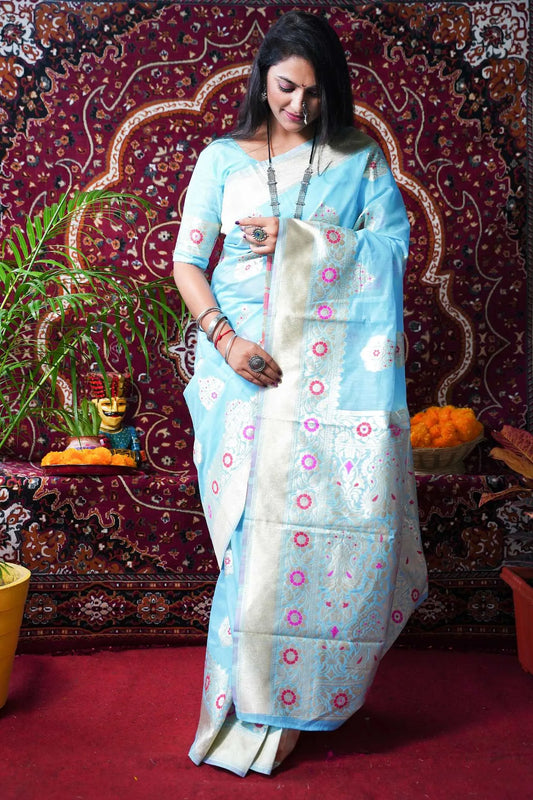 Light Blue Colour Designer Woven Linen Silk Saree