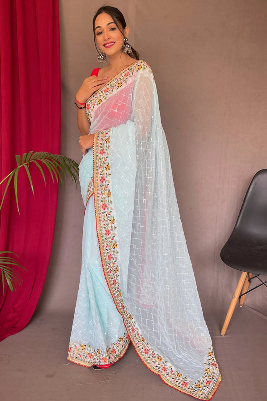 Light Blue Colour Georgette Sequence Embroidered Silk Saree