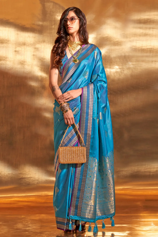 Light Blue Colour Contrast Handloom Weaving Satin Silk Saree