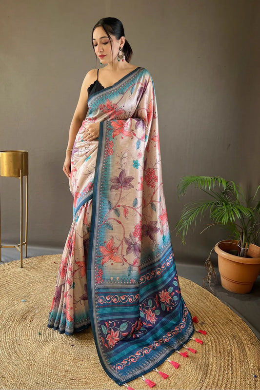 Light Blue Colour Kalamkari Digital Printed Silk Saree