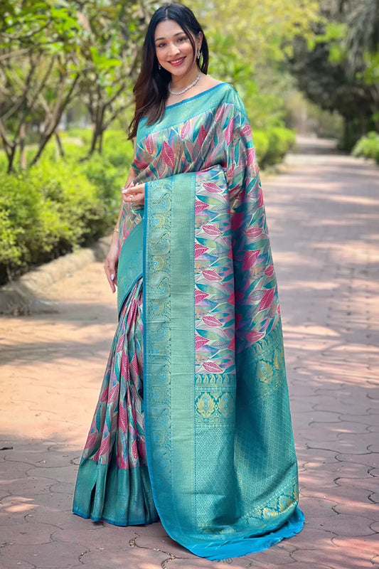 Light Blue Colour Leaf Floral Designer Kanjivaram Silk Saree