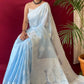 Light Blue Colour Lucknowi Linen Cotton Silk Saree