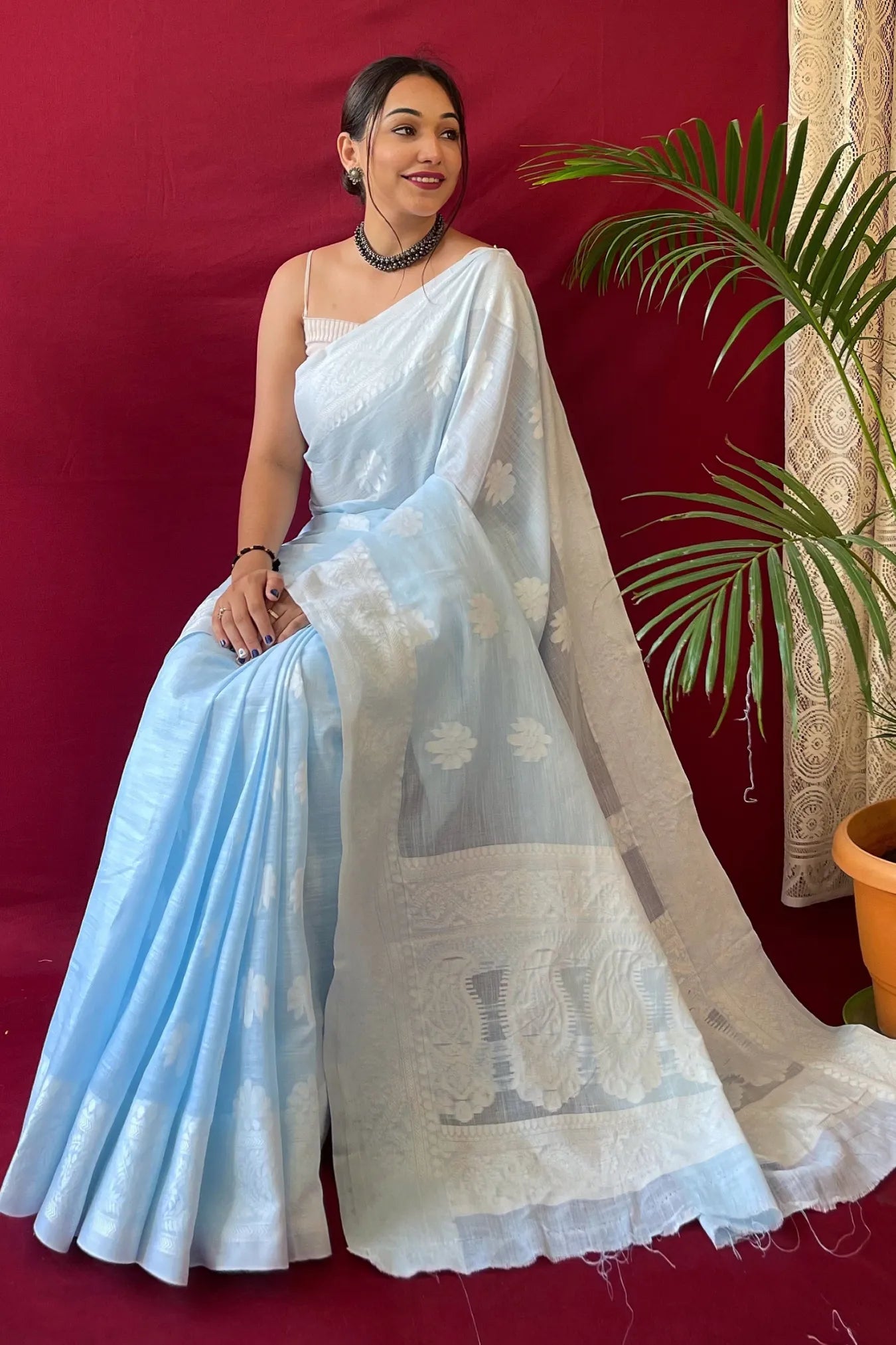 Light Blue Colour Lucknowi Linen Cotton Silk Saree